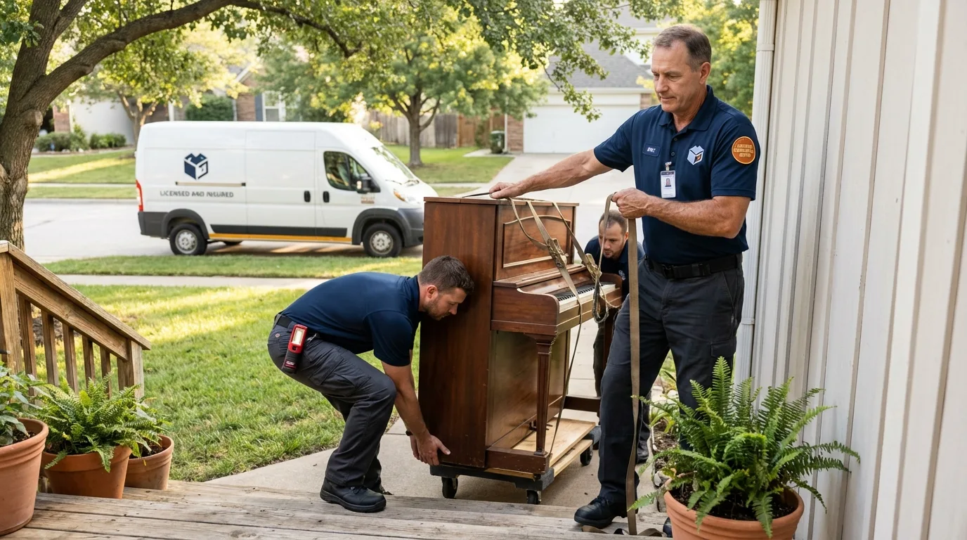 Licensed piano movers securing grand piano in Tremonton, UT