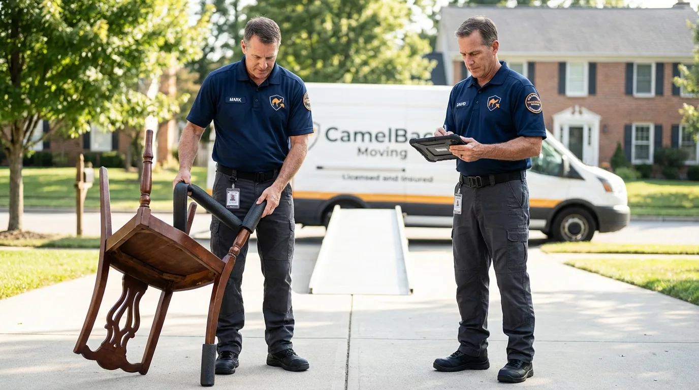 Movers inspecting furniture for damage prevention before loading in Tremonton, UT