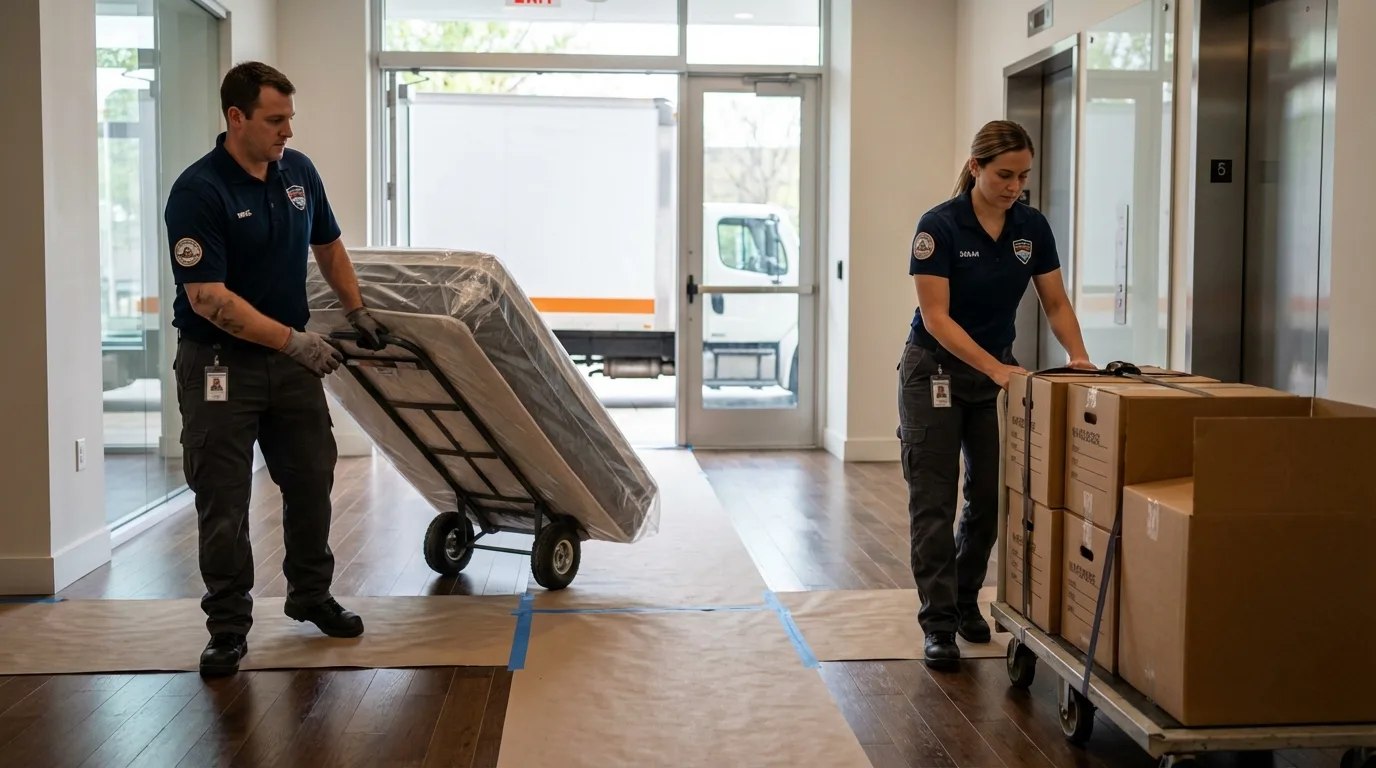Professional apartment movers loading elevator in Tremonton, UT