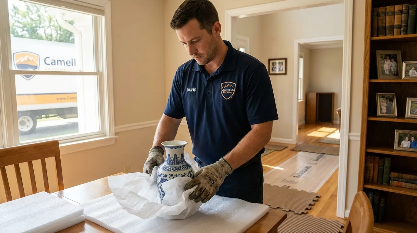 Professional crew carefully wrapping antique vase for senior downsizing move in Tremonton, UT